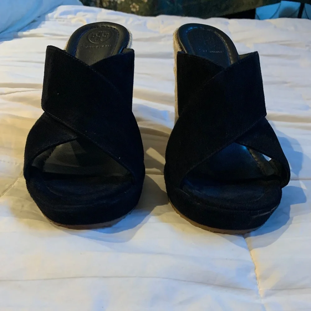 Tory Burch Black Suede Leather Platform Wedge Slides sz 8.5 M